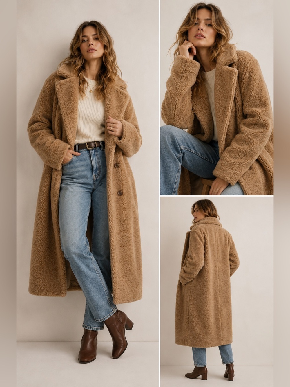 Paper Crane Tan Teddy Bear Coat, Button Front, Oversized Fit